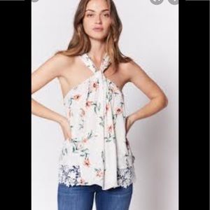 Joie X Anthropologie Ivory Floral Silk Lace twist halter top XS